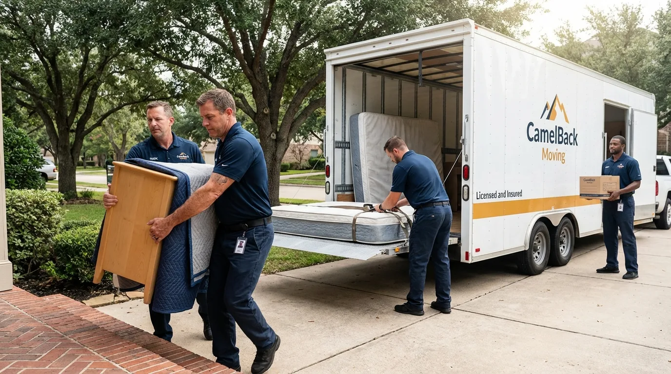 Crew loading residential truck for cross-state move from Mayer, MN