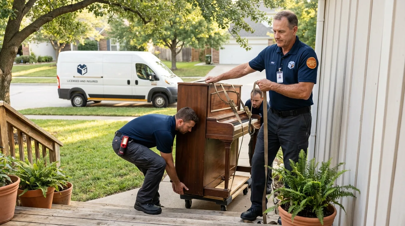 Licensed piano movers securing grand piano in Mayer, MN