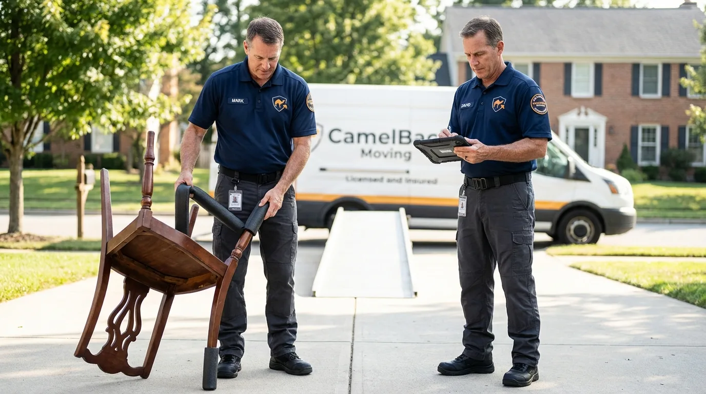 Movers inspecting furniture for damage prevention before loading in Mayer, MN
