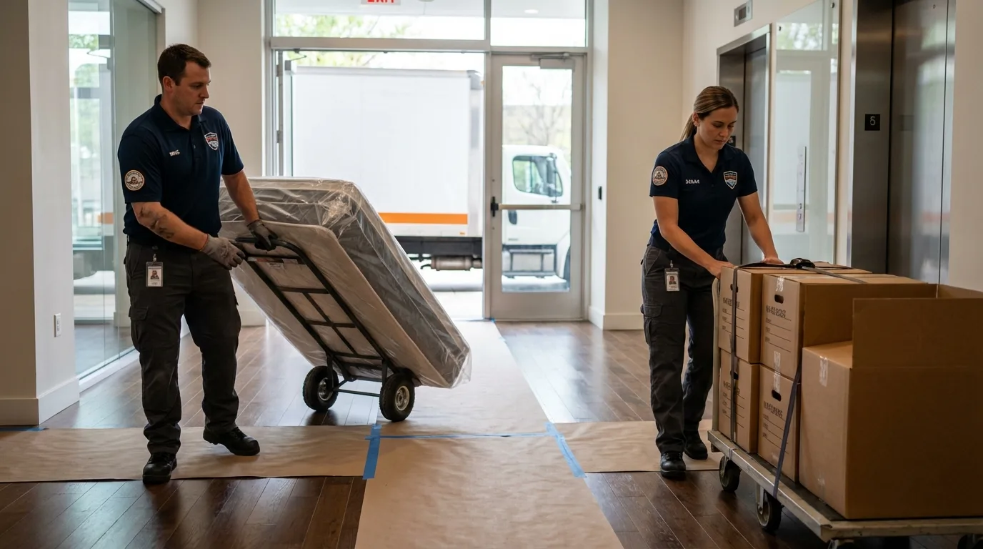Professional apartment movers loading elevator in Mayer, MN